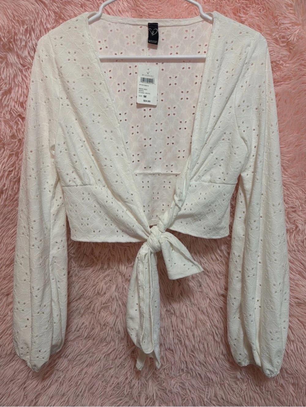 Windsor White Eyelet Tie-Front Long Sleeve Top